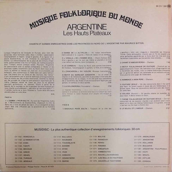 Maurice Bitter : Argentine - Les Hauts Plateaux (LP, RE)