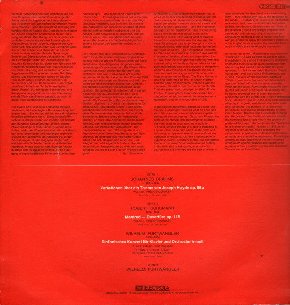 Johannes Brahms / Robert Schumann / Wilhelm Furtwängler : Wiener Philharmoniker / Berliner Philharmoniker conducted by Wilhelm Furtwängler with Edwin Fischer : Haydn-Variationen / Manfred-Ouvertüre / Sinfonisches Konzert 2.Satz (LP, Comp, Mono)