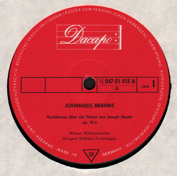 Johannes Brahms / Robert Schumann / Wilhelm Furtwängler : Wiener Philharmoniker / Berliner Philharmoniker conducted by Wilhelm Furtwängler with Edwin Fischer : Haydn-Variationen / Manfred-Ouvertüre / Sinfonisches Konzert 2.Satz (LP, Comp, Mono)