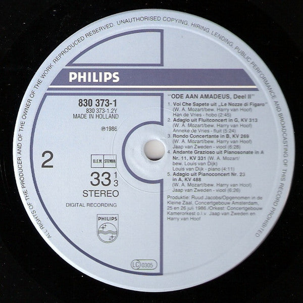 Jaap van Zweden, Han de Vries, Anneke de Vries : Ode Aan Amadeus Deel 2 (LP, Album)