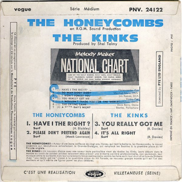 The Honeycombs / The Kinks : Have I The Right ? / Please Don't Pretend Again / You Really Got Me / It's All Right (7", EP)