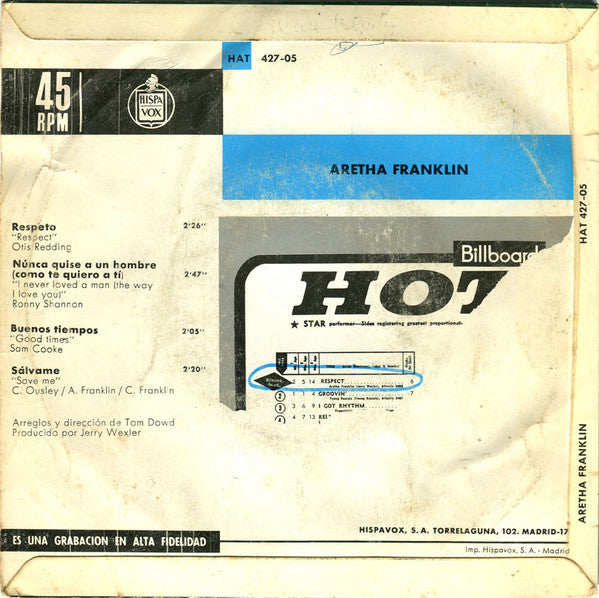 Aretha Franklin : Respeto / Nunca Quise A Un Hombre Como Te Quiero A Ti / Buenos Tiempos / Salvame (7", EP)