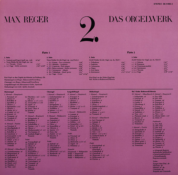 Max Reger, Kurt Rapf : Das Orgelwerk Auf Grossen Orgeln Europas 2. (2xLP, Album)
