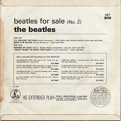 The Beatles : Beatles For Sale (No. 2) (7", EP, Mono)