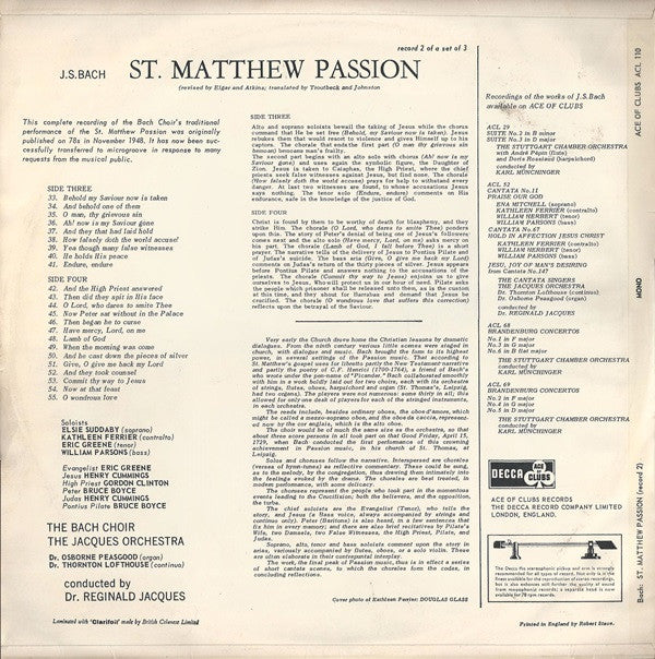 Johann Sebastian Bach / The Jacques Orchestra / Reginald Jacques : St. Matthew Passion - Record 2 (LP, Mono)