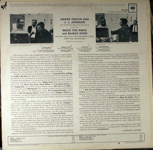 André Previn And J.J. Johnson : Play Kurt Weill's Mack The Knife & Bilbao-Song (LP, Album, Mono, Ter)