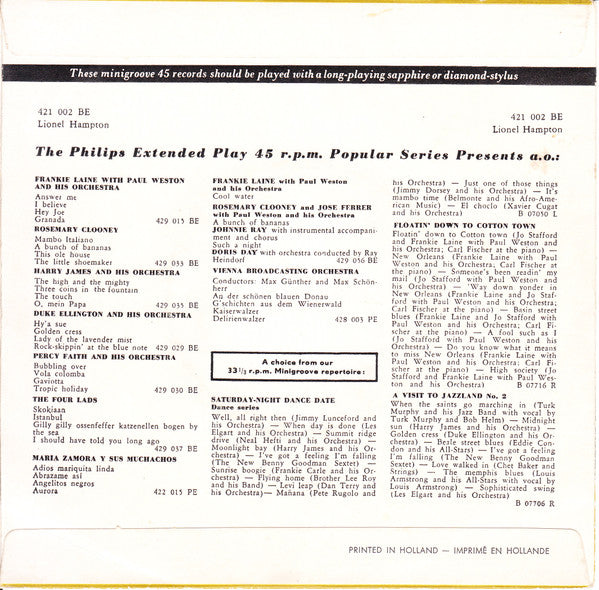 Lionel Hampton And His Orchestra : Live Recording From Apollo Hall Concert 1954 (7", EP, Mono)