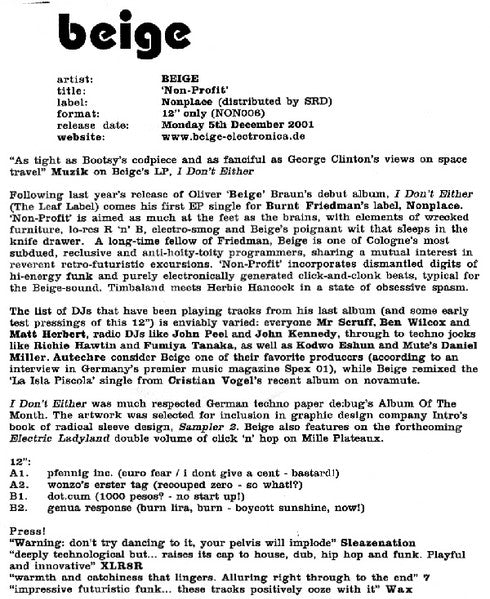 Beige : Non Profit (12", Promo, W/Lbl)