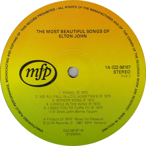 Elton John : The Most Beautiful Songs Of Elton John (LP, Comp)