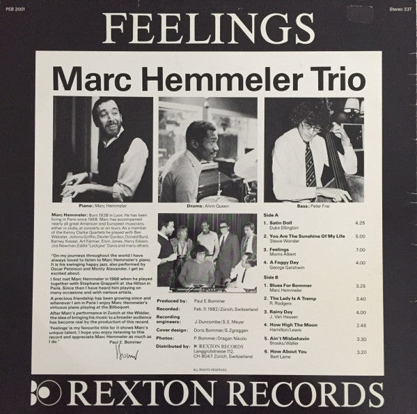 Marc Hemmeler Trio : Feelings (LP, Album)