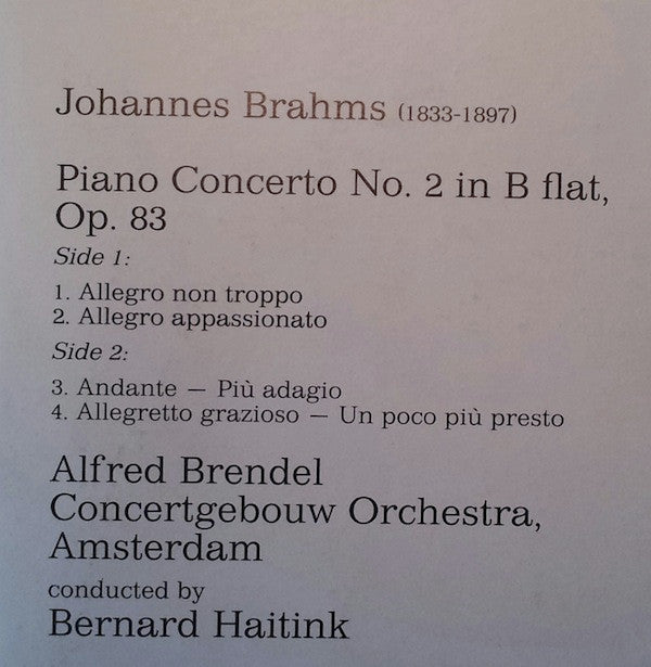 Brahms* - Alfred Brendel, Concertgebouw Orchestra, Amsterdam*, Bernard Haitink : Piano Concerto No. 2 (LP)