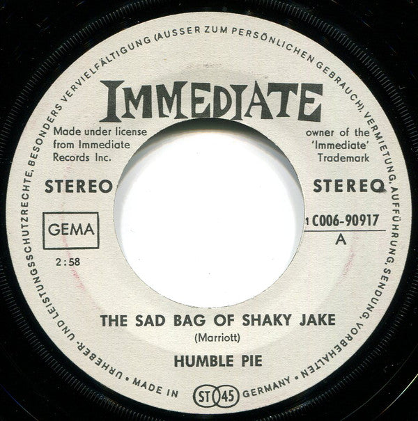 Humble Pie : The Sad Bag Of Shaky Jake / Cold Lady (7", Single, M/Print)