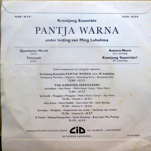 Pantja Warna o.l.v. Ming Luhulima : Krontjong Ensemble "Pantja Warna" (7", EP)