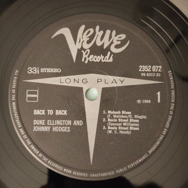 Duke Ellington And Johnny Hodges : Back To Back (Duke Ellington & Johnny Hodges Play The Blues) (LP, Album, RE)