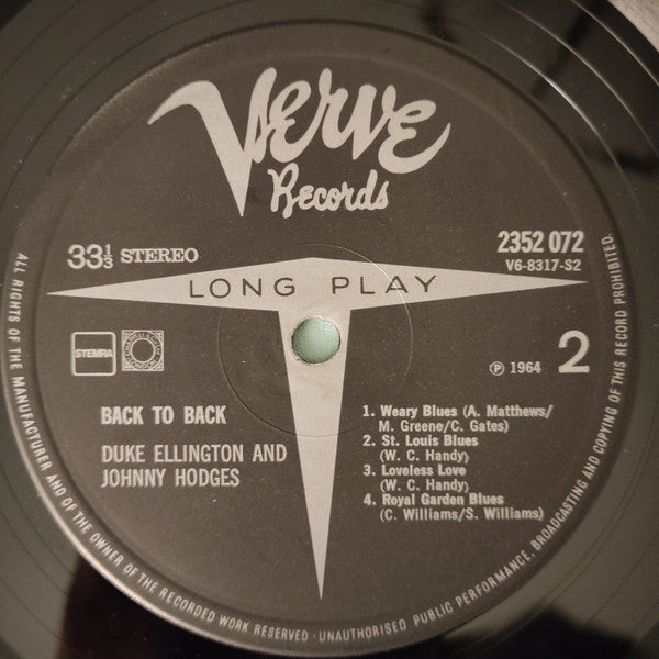 Duke Ellington And Johnny Hodges : Back To Back (Duke Ellington & Johnny Hodges Play The Blues) (LP, Album, RE)