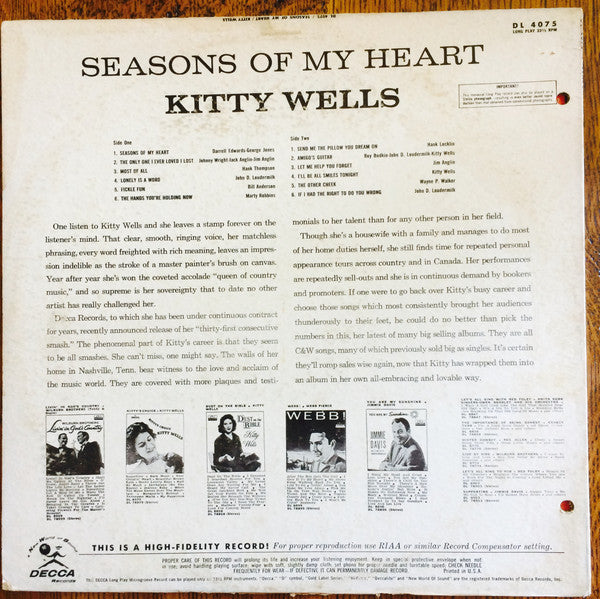 Kitty Wells : Seasons Of My Heart (LP, Album, Mono, Glo)