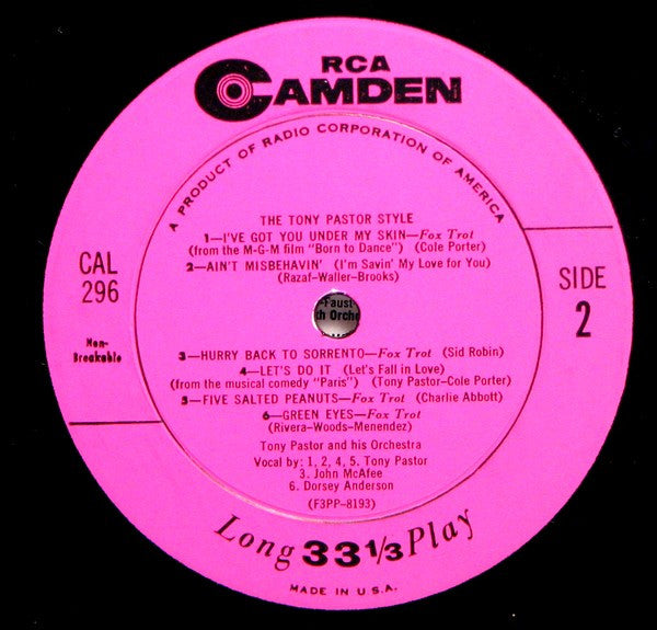 Tony Pastor : The Tony Pastor Style (LP, Mono)