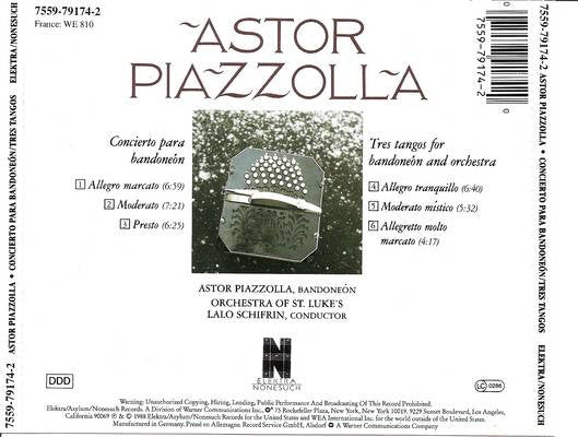 Astor Piazzolla - Orchestra Of St. Luke's, Lalo Schifrin : Concierto Para Bandoneón / Tres Tangos (CD, Album)