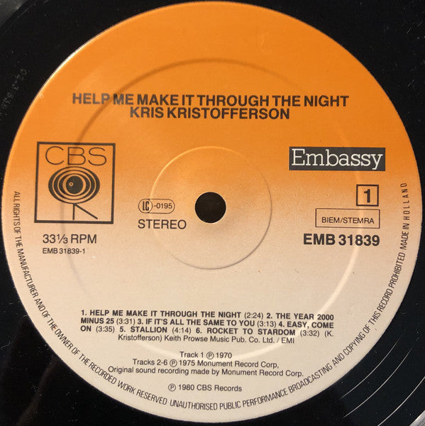 Kris Kristofferson : Help Me Make It Through The Night (LP, RE)