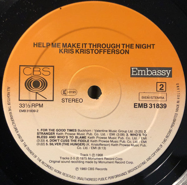 Kris Kristofferson : Help Me Make It Through The Night (LP, RE)