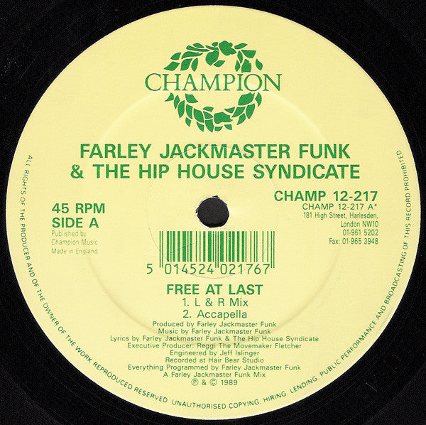 Farley "Jackmaster" Funk & The Hip House Syndicate : Free At Last (12")