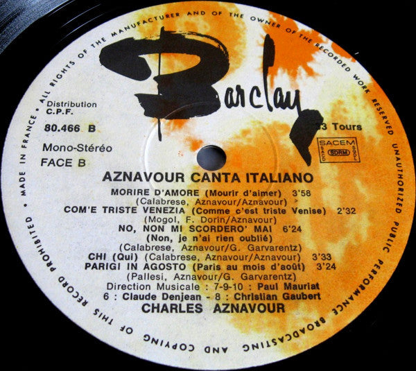 Charles Aznavour : Aznavour Canta Italiano (LP, Comp)
