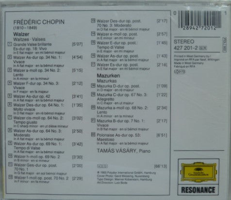 Frédéric Chopin, Tamás Vásáry : 17 Walzer - 4 Mazurken - Polonaise As-Dur Op. 53 (CD, Album)