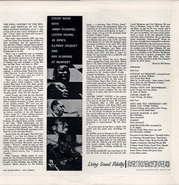 Count Basie With Jimmy Rushing, Lester Young, Jo Jones, Illinois Jacquet And Roy Eldridge : At Newport (LP, Album, Mono, RE)