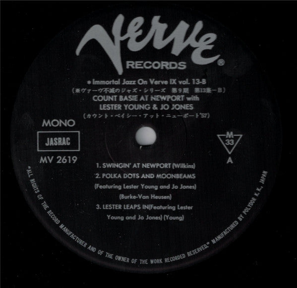 Count Basie With Jimmy Rushing, Lester Young, Jo Jones, Illinois Jacquet And Roy Eldridge : At Newport (LP, Album, Mono, RE)