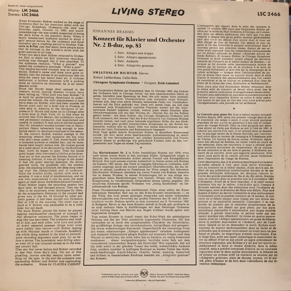Johannes Brahms / Sviatoslav Richter, Chicago Symphony Orchestra, Erich Leinsdorf : Concerto No. 2 (LP)