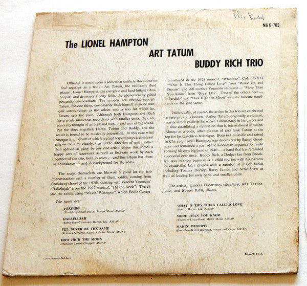 Lionel Hampton / Art Tatum / Buddy Rich : The Lionel Hampton-Art Tatum-Buddy Rich Trio (LP, Album, Mono)