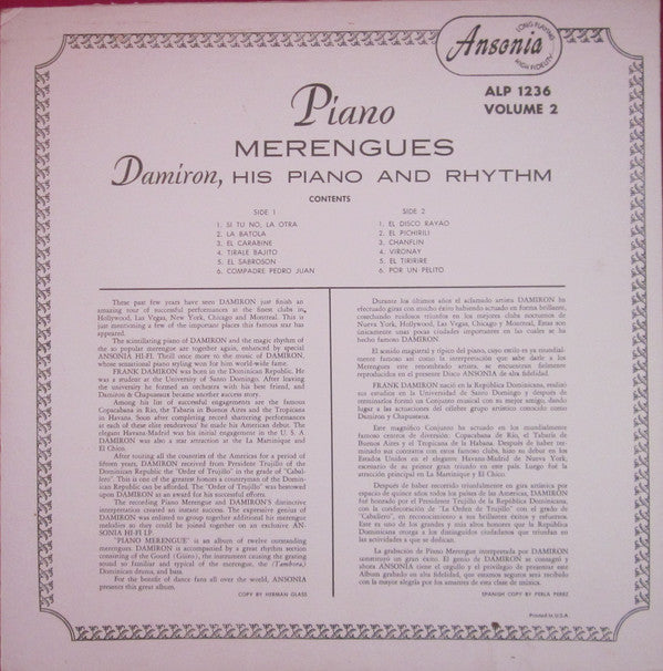 Damiron : His Piano And Rhythm : Piano Merengues Vol.2 (LP, Album)