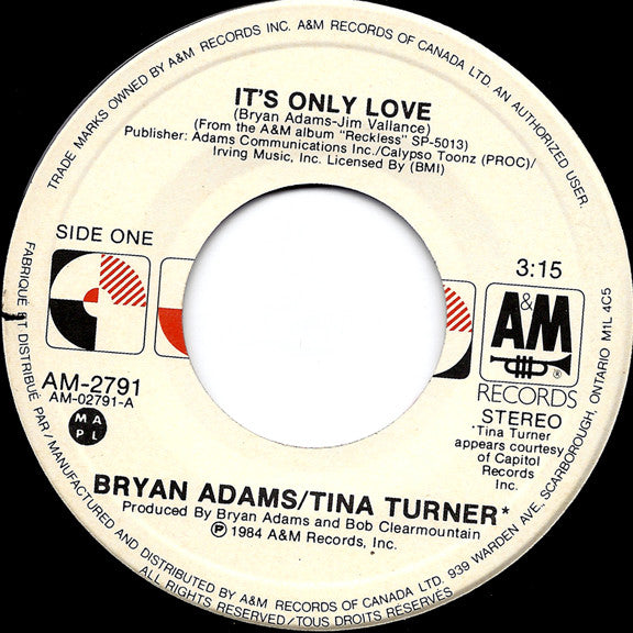 Bryan Adams / Tina Turner : It's Only Love (7", Single)