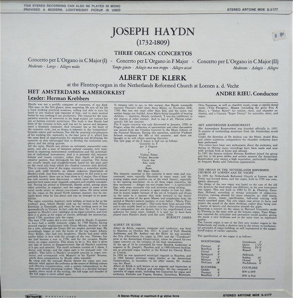 Joseph Haydn - Albert de Klerk & Amsterdams Kamerorkest, André Rieu (2) : Concerto Per L'Organo In C Major [I] / Concerto Per L'Organo In F Major / Concerto Per L'Organo In C Major [II] (LP)