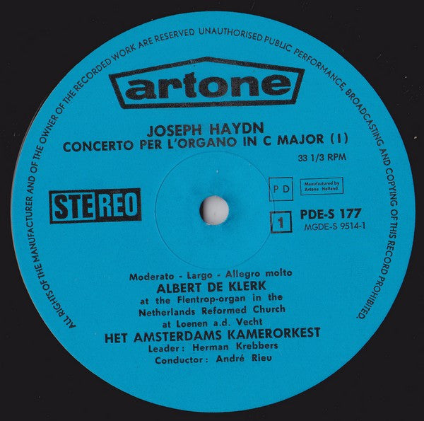 Joseph Haydn - Albert de Klerk & Amsterdams Kamerorkest, André Rieu (2) : Concerto Per L'Organo In C Major [I] / Concerto Per L'Organo In F Major / Concerto Per L'Organo In C Major [II] (LP)