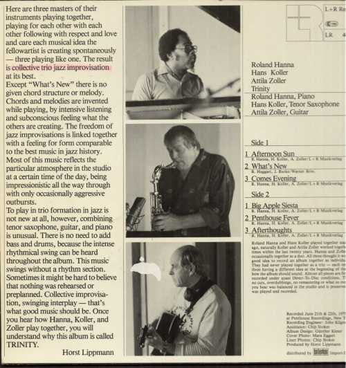 Hans Koller  •  Attila Zoller  •  Roland Hanna : Trinity (LP, Album)