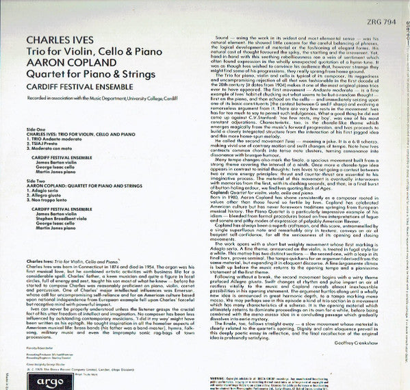 Charles Ives / Aaron Copland, Cardiff Festival Ensemble : Trio For Violin, Cello And Piano / Quartet For Piano And Strings (LP)