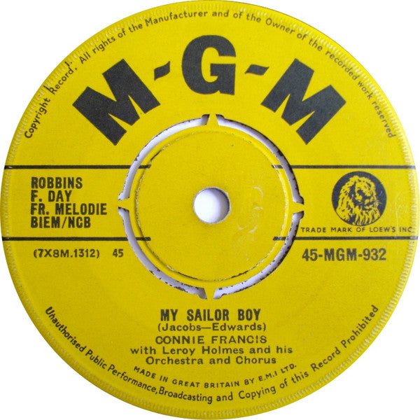 Connie Francis With Leroy Holmes And His Orchestra* And Chorus* : My Sailor Boy (7")