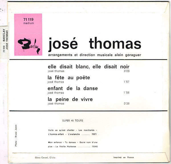 José Thomas : Elle Disait Blanc, Elle Disait Noir (7", EP)