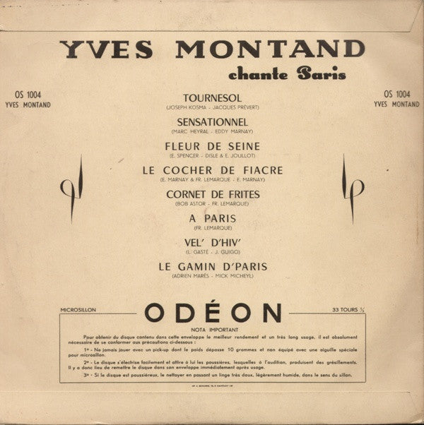 Yves Montand : Chante Paris (10", Album)