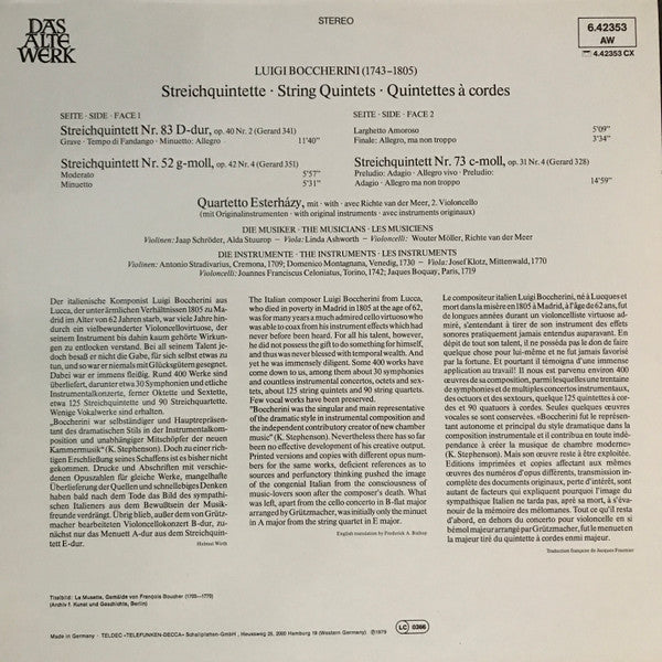Luigi Boccherini, Quartetto Esterházy : Streichquintette (LP, Gat)