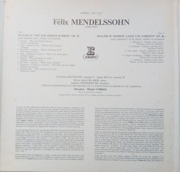 Felix Mendelssohn-Bartholdy - Gulbenkian Orchestra, Michel Corboz : Psaumes (XLII - Wie Der Hirsch Schreit, Op.42 / XCV - Kommt, Lasst Uns Anbeten, Op.46) (LP)