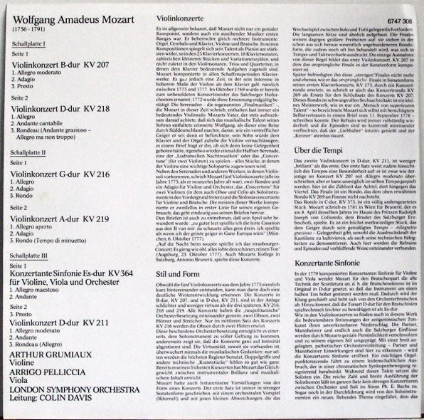 Wolfgang Amadeus Mozart - Arthur Grumiaux, Arrigo Pelliccia, London Symphony Orchestra, Colin Davis* : 5 Violinkonzerte + Sinfonia Concertante KV 364 (3xLP, Album + Box, Comp)