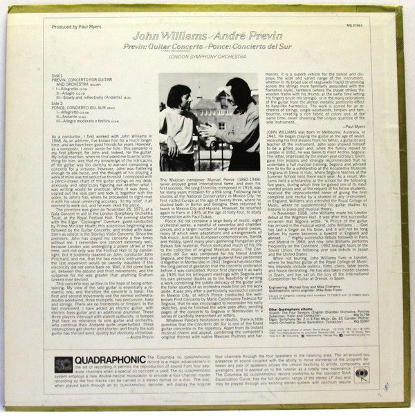 John Williams (7) / André Previn : André Previn / Manuel María Ponce Cuéllar : Guitar Concerto / Concierto Del Sur (LP, Album, Quad)