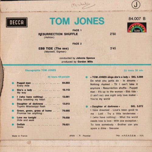 Tom Jones : Resurrection Shuffle (7", Single)