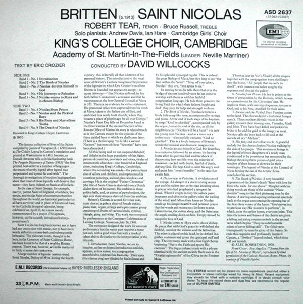 Benjamin Britten, Robert Tear, Bruce Russell (2), The King's College Choir Of Cambridge, Cambridge Girls' Choir, The Academy Of St. Martin-in-the-Fields, David Willcocks : Saint Nicolas (LP, Album, RE)