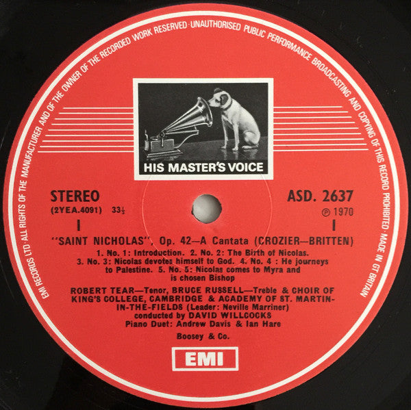 Benjamin Britten, Robert Tear, Bruce Russell (2), The King's College Choir Of Cambridge, Cambridge Girls' Choir, The Academy Of St. Martin-in-the-Fields, David Willcocks : Saint Nicolas (LP, Album, RE)