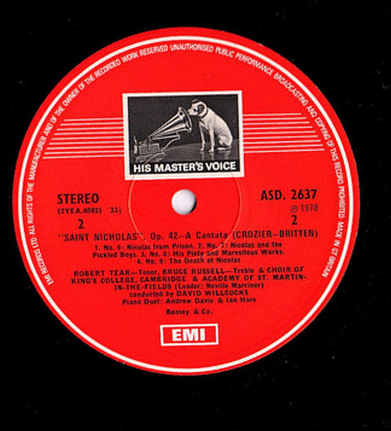 Benjamin Britten, Robert Tear, Bruce Russell (2), The King's College Choir Of Cambridge, Cambridge Girls' Choir, The Academy Of St. Martin-in-the-Fields, David Willcocks : Saint Nicolas (LP, Album, RE)