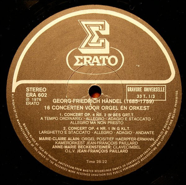 Georg Friedrich Händel - Marie-Claire Alain & Orchestre De Chambre Jean-François Paillard : 16 Concertos For Organ & Orchestra, Vol. 1: 1 - 4 (LP, Album, RE)