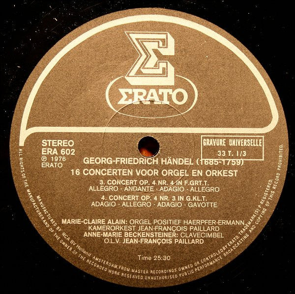 Georg Friedrich Händel - Marie-Claire Alain & Orchestre De Chambre Jean-François Paillard : 16 Concertos For Organ & Orchestra, Vol. 1: 1 - 4 (LP, Album, RE)